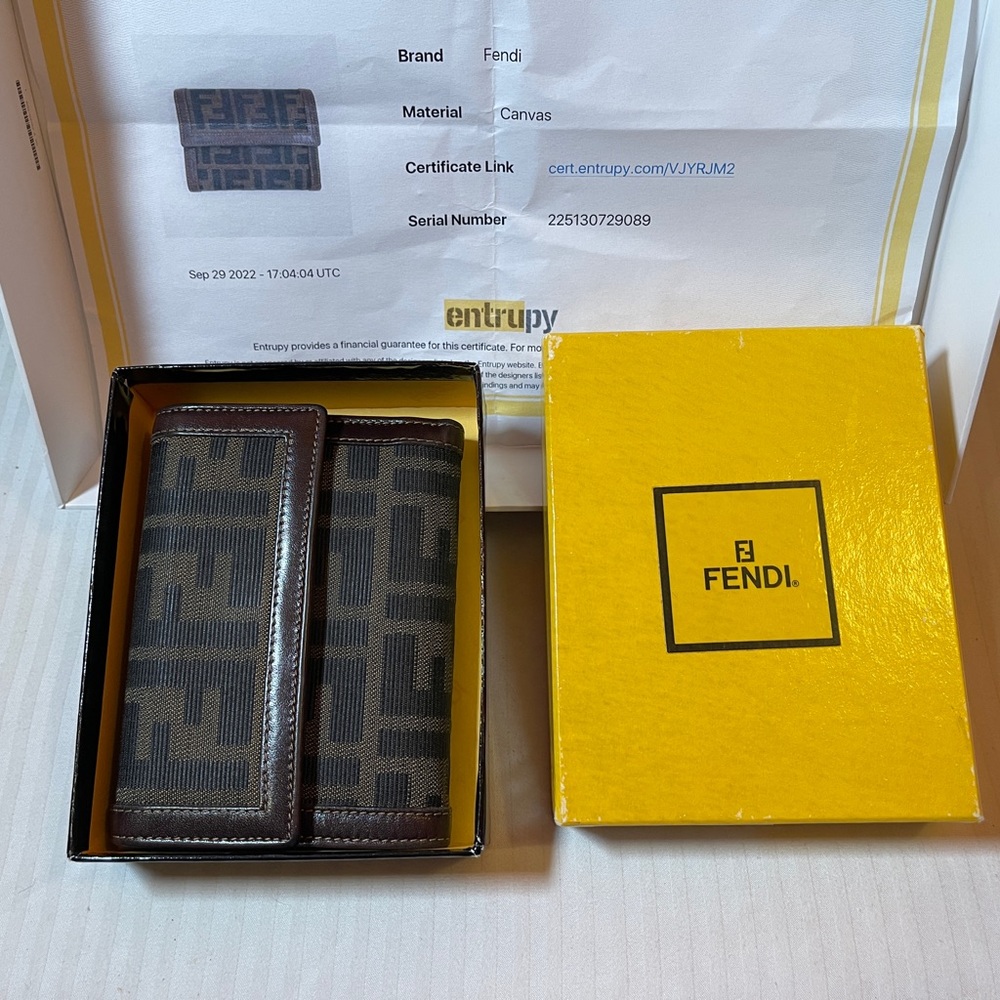 vintage Fendi zucca tri fold wallet & box & entrupy authentication certificate
